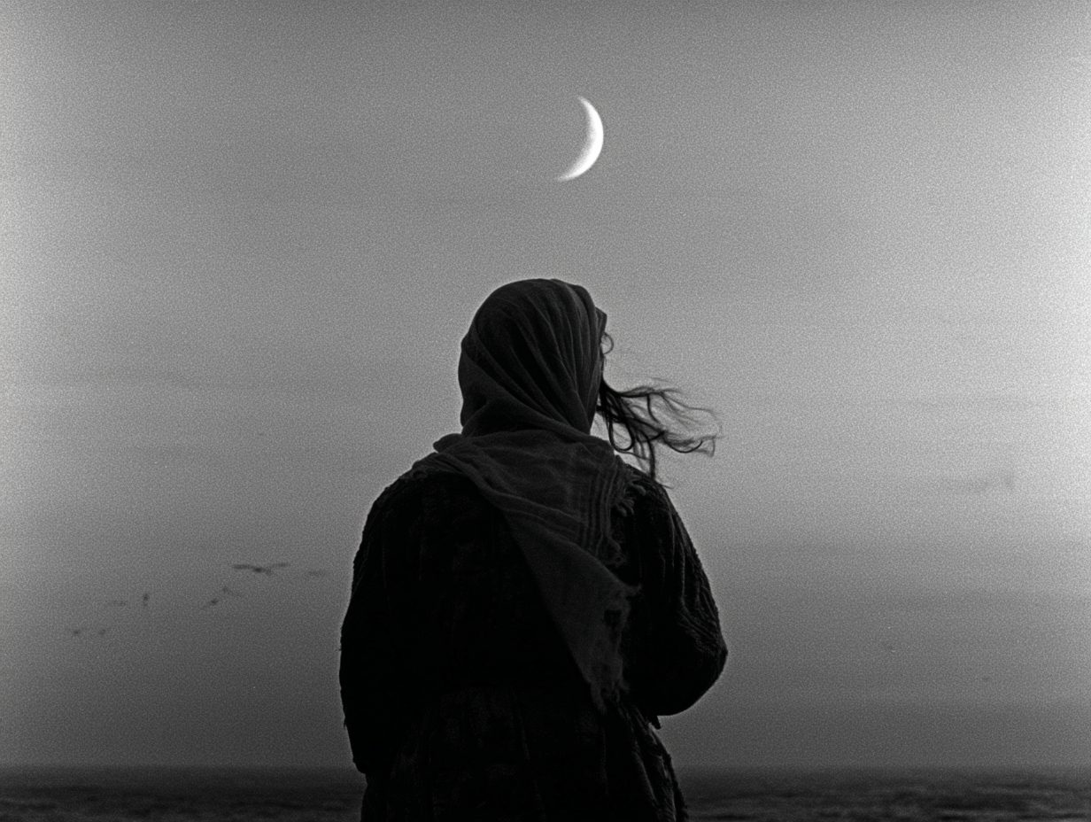 A woman by the sea under a crescent moon, seen from behind.