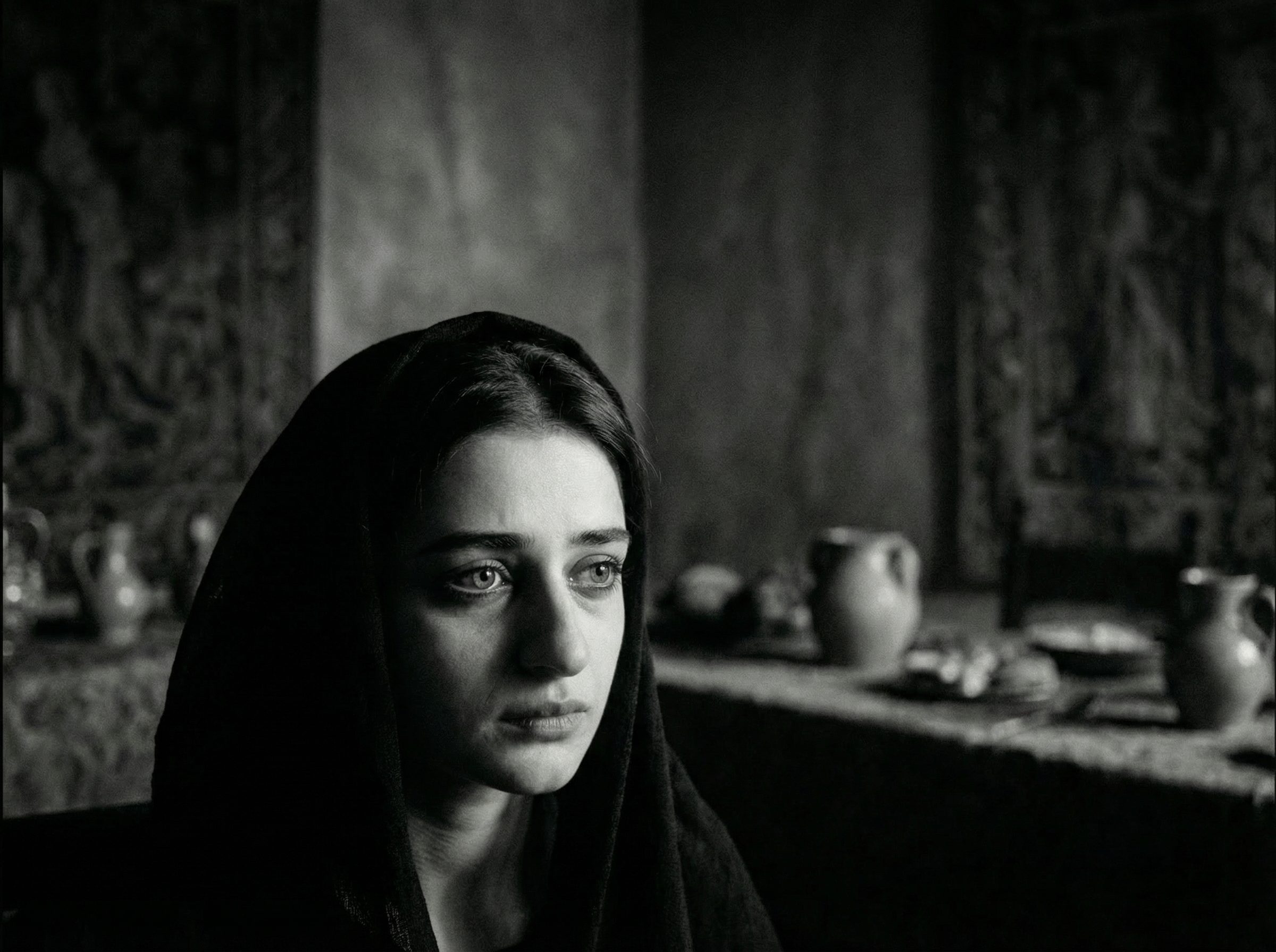 Close-up of a young Andalusian woman in a dark veil.
