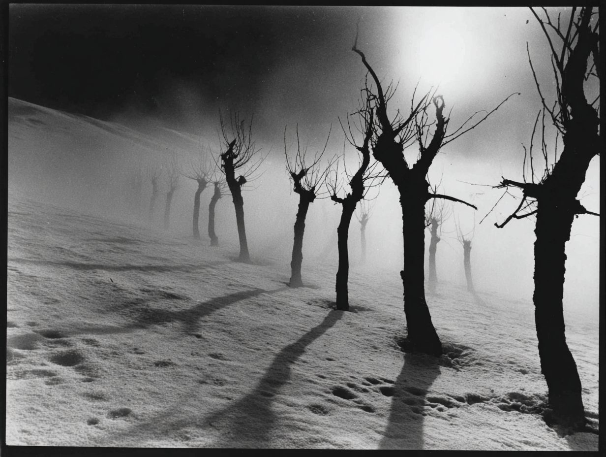 Bare trees in a dusty white landscape.