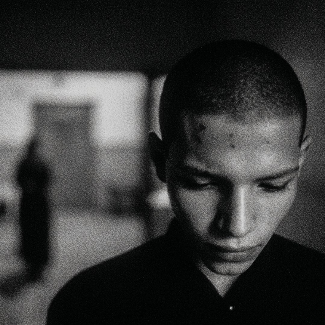 A shaven-headed boy in a black uniform, eyes lowered.