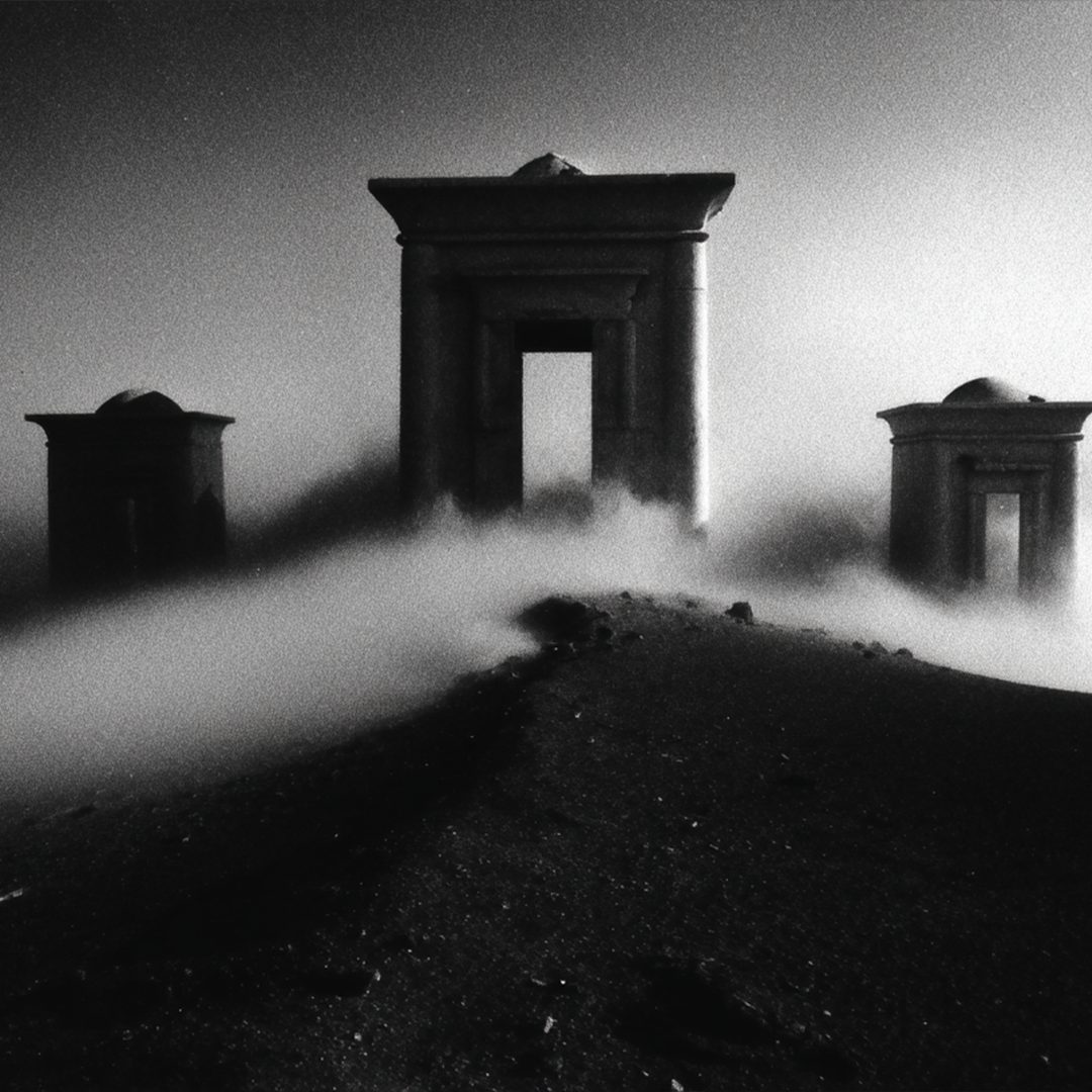 A lone stone gateway in a desert of fog.