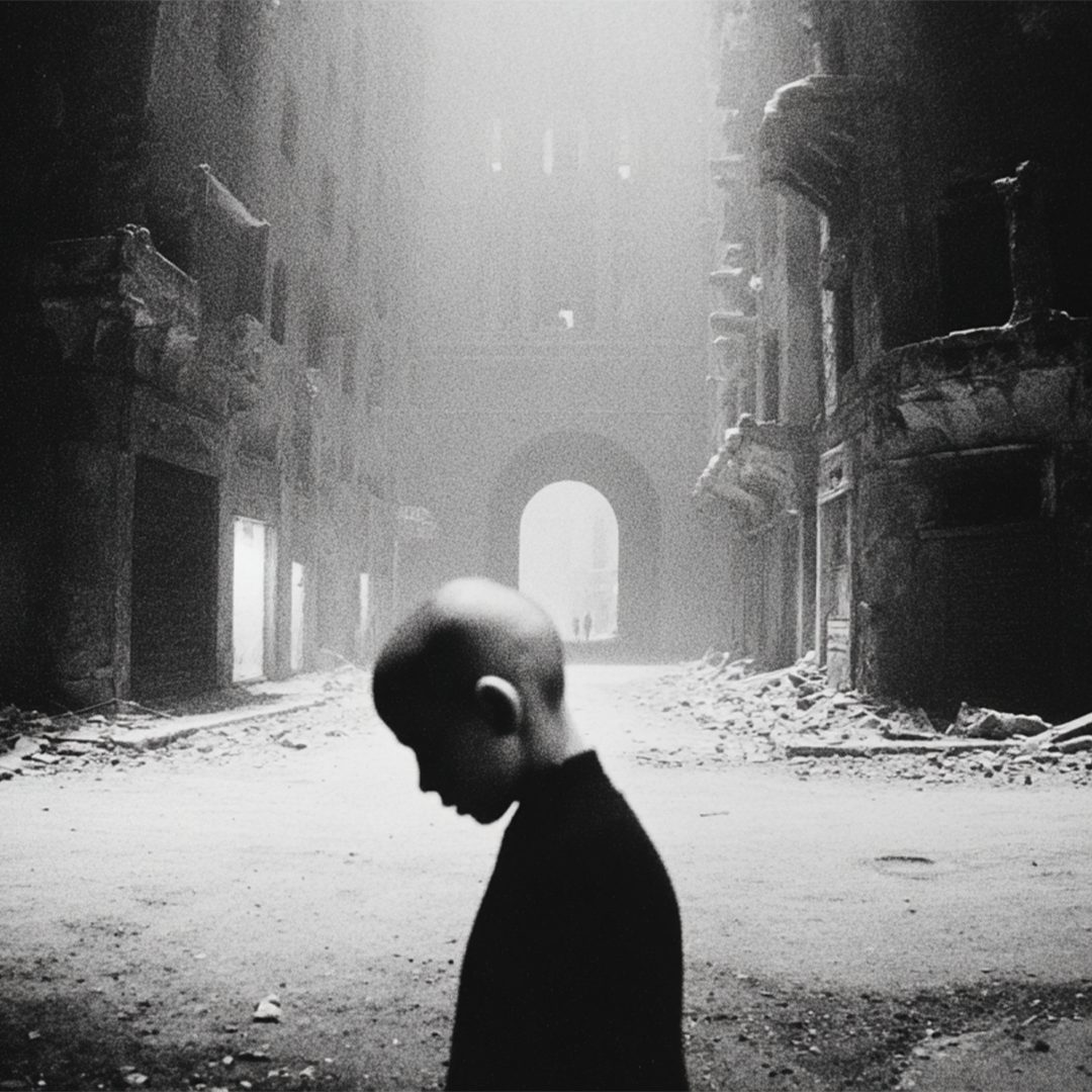 A boy walking through ruins.