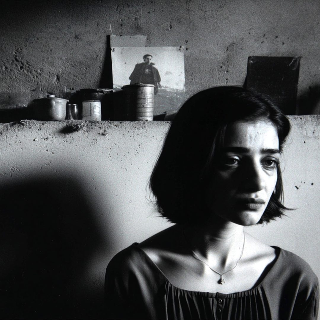 A young woman with short dark hair before a prison wall.