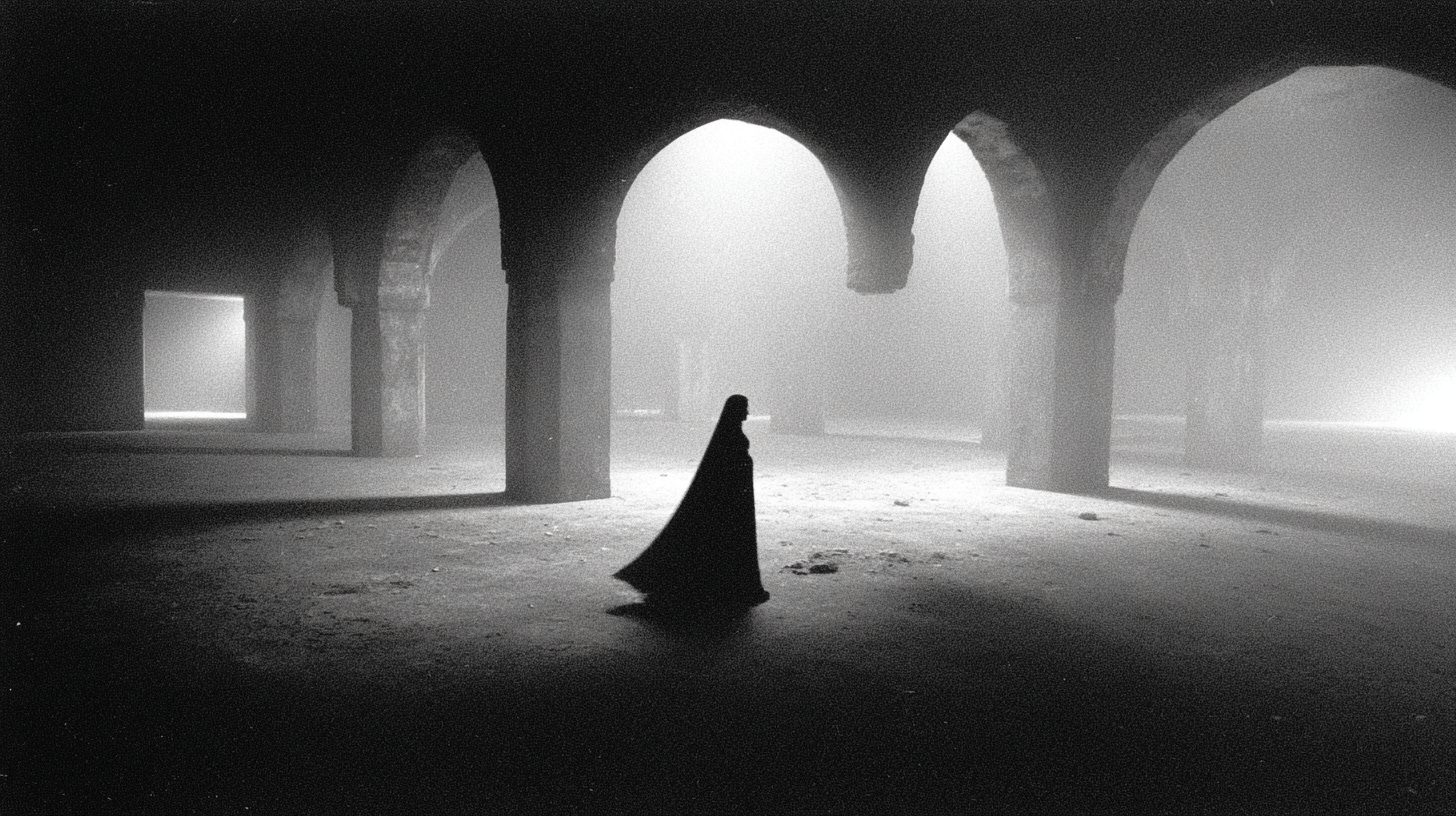 A veiled figure inside a vast mosque, seen from above.